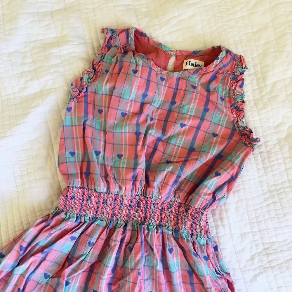 Hatley Pink & Blue Plaid Dress Heart Print Girls Size 5 Cotton
